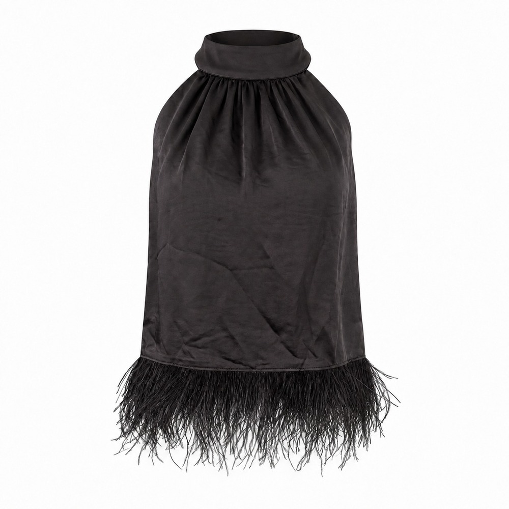 ENDLESS ROSE Womens Sz M Black Feather Trimmed Halter Tie Neck Top Party